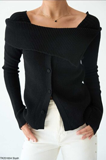 Safgiyim44 Shoulder Detail Boat Neck Cardigan Black