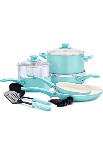 Gerenic GreenLife Soft Grip Healthy Ceramic Nonstick Turquoise Cookware Pots and Pans Set, 12-Piece