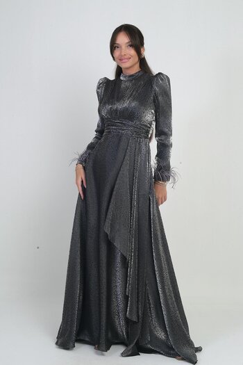 By Saygı Women's Draped Front Flounce Detailed Lined Sleeves Feathered Griter Chiffon Long Flared Dress