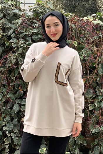 Moda Rosa 26K4446 - Beige - Modal Embroidered Pocket Tunic
