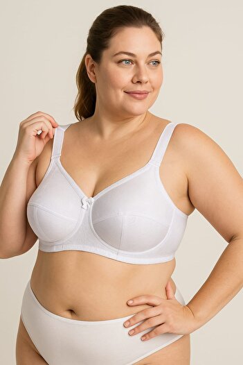 enmodaiçgiyim Plus Size D Cup Non-Sponge Non-Wired Patterned Gathering Bra – White