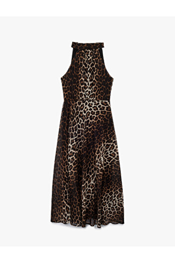 Koton Crepe Fabric Sleeveless Halter Neck Midi Length Leopard Print Dress