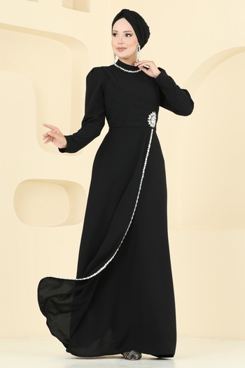 ModaMerve Stone Detailed Crepe Evening Dress 8116Abk1075-Ms Black
