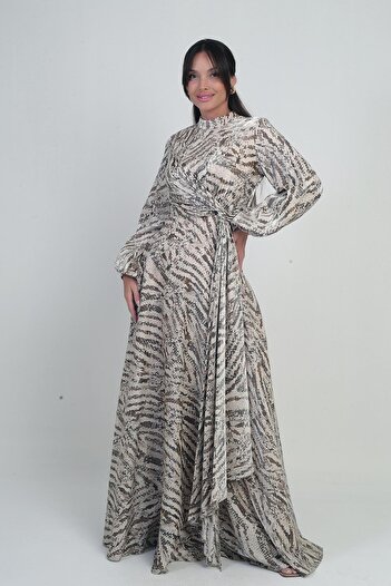 By Saygı Women's Front Gathered Handkerchief Detailed Snake Patterned Crepe Satin Long Dress