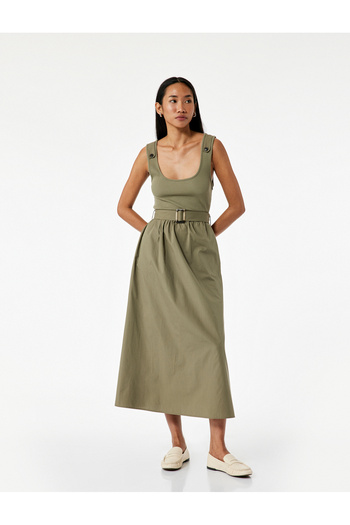 Koton A-Line Belted Thick Strap Midi Length Poplin Dress Using Two Different Fabrics