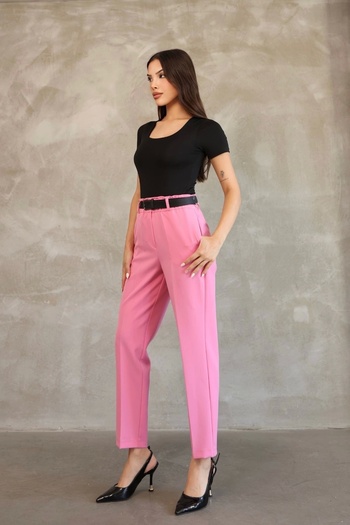 lodmela Belt detailed elastic waist fabric pants 6163-pink