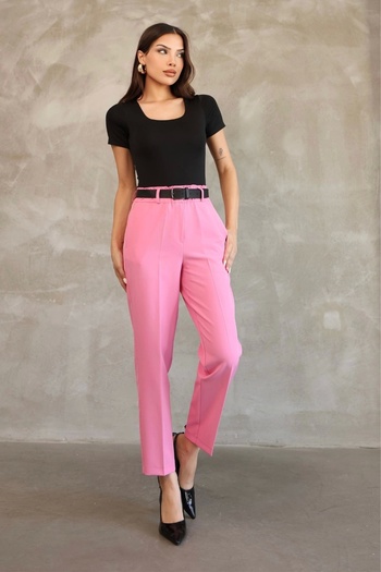 lodmela Belt detailed elastic waist fabric pants 6163-pink