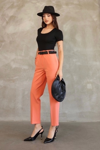 lodmela Belt Detailed Elastic Waist Fabric Trousers 6163-Orange