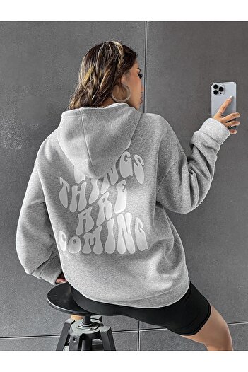 Mythologie Good Things Coming Winter Thick Sweatshirt - Gray Printed Oversize Shawl Hoodie