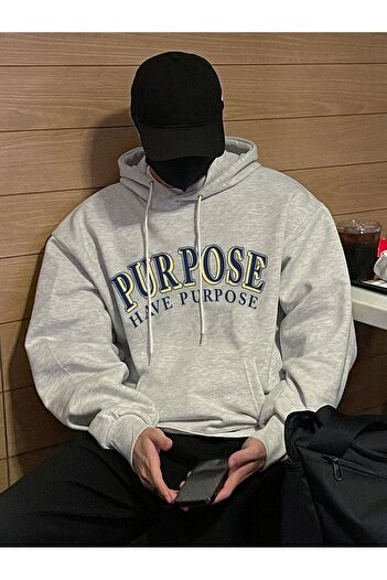 Mythologie Purpose Sweatshirt - Gray Printed Oversize Ribbon Hoodie