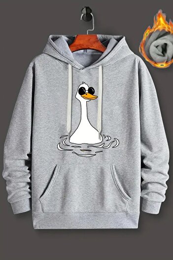 Mythologie Duck with Glasses Sweatshirt - Gray Printed Oversized Hoodie with Raised Hood