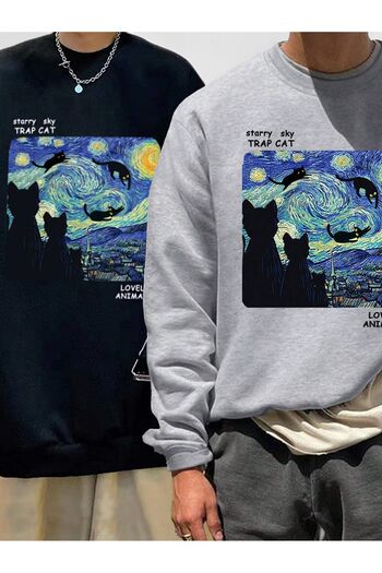 Mythologie 2-Piece Cat Night Design Sweatshirt - Black Gray Printed Oversize Ribbed Crew Neck