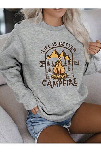 Mythologie Campfire Sweatshirt - Gray Printed Oversize Raised Crew Neck
