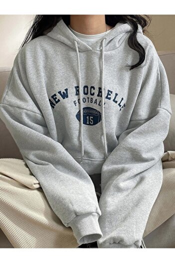 Mythologie New Rochelle Sweatshirt - Gray Printed Oversize Ribbon Hoodie