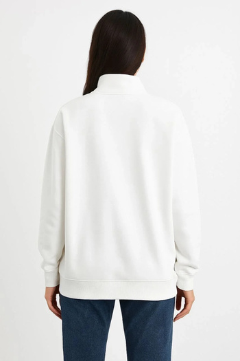Serero Women's Three Thread Stand Collar Half Zipper Sweatshirt - White