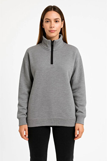 COTTONLAB Three Thread Stand Collar Half Zipper Sweatshirt - Gray