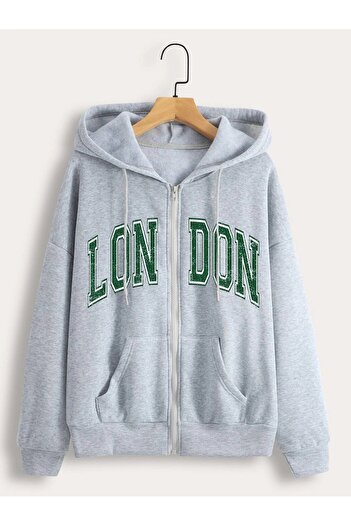 modaberry London Green Printed Cardigan - Gray Winter Oversize Hooded Cardigan with Zipper Pocket Detail