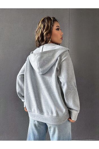 modaberry Calif Ornia Cardigan - Gray Printed Winter Oversize Hooded Cardigan with Zipper Pocket Detail
