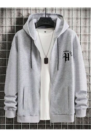 modaberry H Good Life Cardigan - Gray Printed Winter Oversize Hooded Cardigan with Zipper Pocket Detail