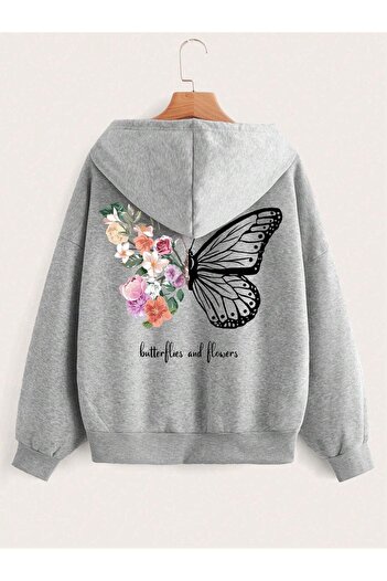 modaberry Floral Butterfly Cardigan - Gray Printed Winter Oversize Hooded Cardigan with Zipper Pocket Detail