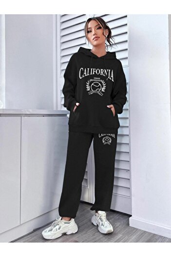 Mythologie Tennis Hooded Combination Bottom-Top Tracksuit Set - Black Printed Oversize Rubber Legs