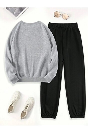 Mythologie Silly Goose Sweatshirt Sweatpants Jogger - Gray Black Printed Bottom Top Tracksuit Set Crew Neck