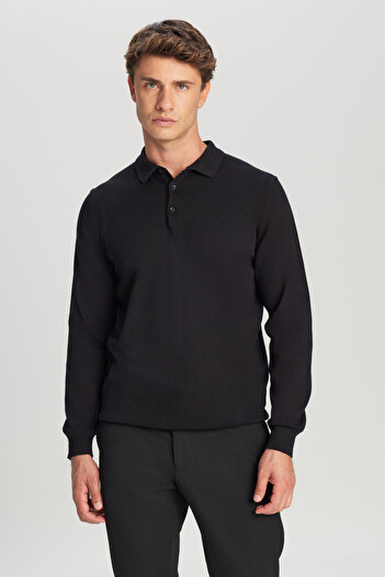 ALTINYILDIZ CLASSICS Men's Black Cotton Standard Fit Regular Cut Polo Neck Knitwear Sweater