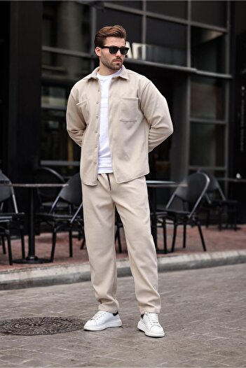 Madmext Beige Cashmere Men's Shirt and Pants Two-Piece Set E7328