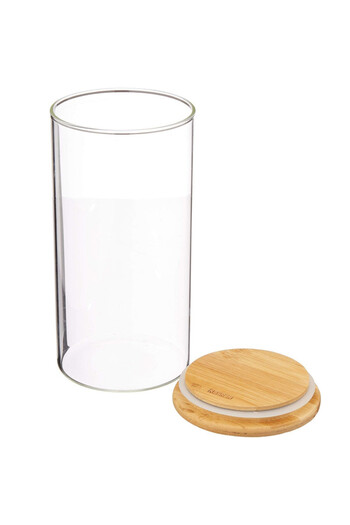 Kesper 38010 Borcan de depozitare, 1,2 l, sticlă, capac din bambus, 10x20 cm, transparent