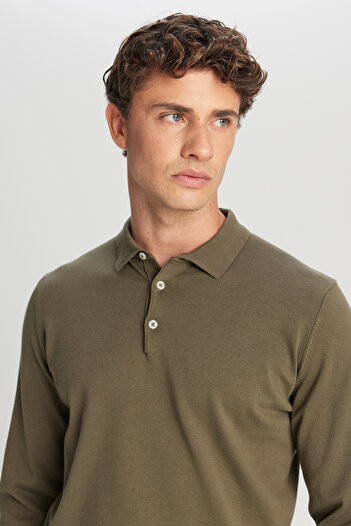 ALTINYILDIZ CLASSICS Erkek Haki Pamuklu Standart Fit Normal Kesim Polo Yaka Triko Kazak