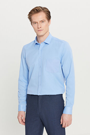AC&Co / Altınyıldız Classics Men's Light Blue Cotton Tailored Slim Fit Classic Collar Dobby Pocket Shirt