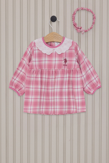 U.S. Polo Assn. Baby Girl Pink Plaid Patterned Dress Bandana 2'Li Set 50322807-Vr071