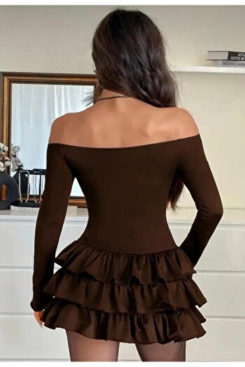 MEGOMEL Kadın Straplez Kat Kat Etek Detaylı Tasarım Mini Elbise