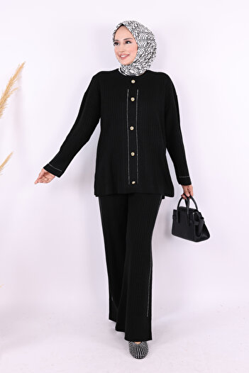 Bym Fashion Stone Work and Button Detailed Knitwear Set 12657 Black