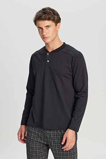 AC&Co / Altınyıldız Classics Men's Black 100% Cotton Standard Fit Judge Collar Patterned Pajama Set with Pockets