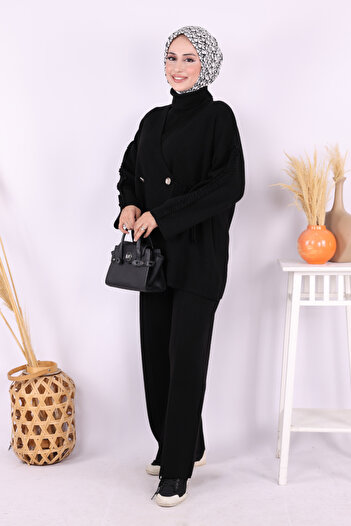 Bym Fashion Cardigan and Pants Set with Ruffled Sleeves 17026 Black