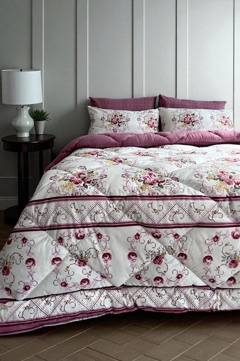 Alla Turca Double Size 4-Piece Pillowcase Set with Elastic Sheets Double-Sided Sleeping Set-Cross Stitch Dried Rose