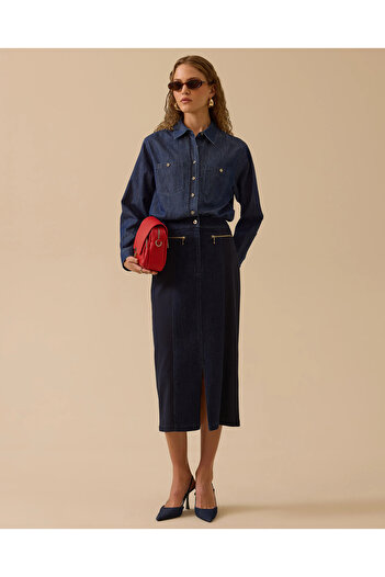 SEÇİL Double Fabric Slit Detailed Jean Skirt
