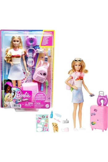 mattel Malibu Travel Set with Puppy & Working Suitcase, 13-Piece Travel Doll Playset, Age 3+