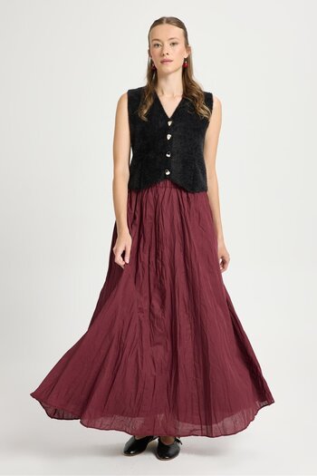minaaise Women's Burgundy Voile Fabric Wrinkled Long Lined Skirt 29062