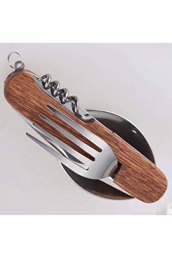 PUFO 6-in-1 multifunctional camping knife, with spoon and fork, 10 cm, brown