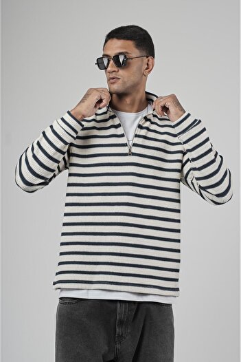 king brich Half Zipper Striped Regular Fit Jacquard Sweatshirt