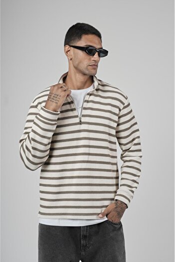 king brich Half Zipper Striped Regular Fit Jacquard Sweatshirt