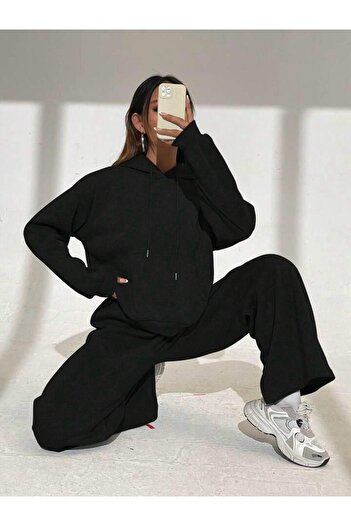 trendgar Siyah WideLeg/Geniş Paça Kapşonlu Sweatshirt/Alt Eşofman Takımı