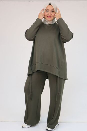 Eslina 57050 Plus Size Modal Pants Suit with Skirt Hem - Khaki