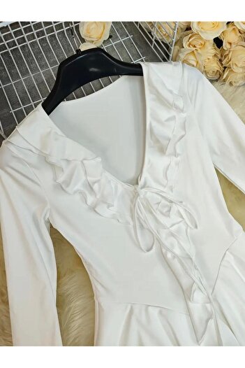 MEGOMEL Women's White Mini Ruffle Detailed Stylish Dress with Lining