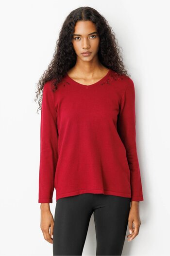 Desen Triko Women's V-Neck Shoulder Beading Embroidered Blouse Cherry
