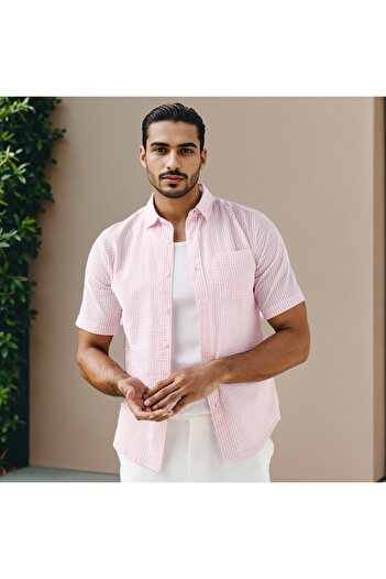 FAV Regular Fit Checked Seersucker Shirt with Collar