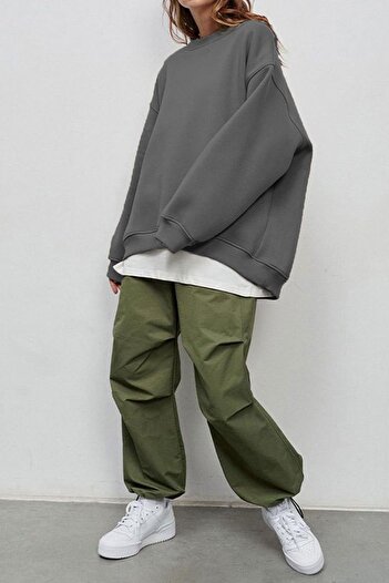 COMBİNE MİCHAİL Kadın Bisiklet Yaka Oversize Füme Sweatshirt