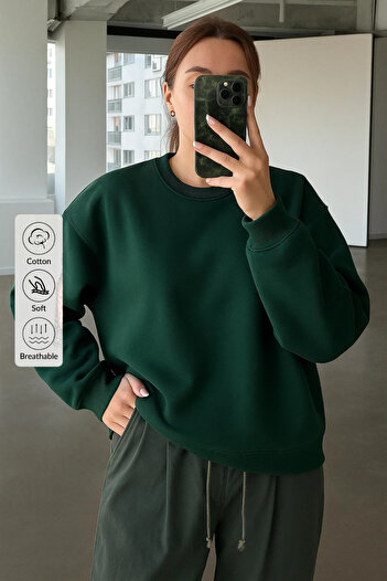 COMBİNE MİCHAİL Women's Crew Neck Oversize Green Sweatshirt